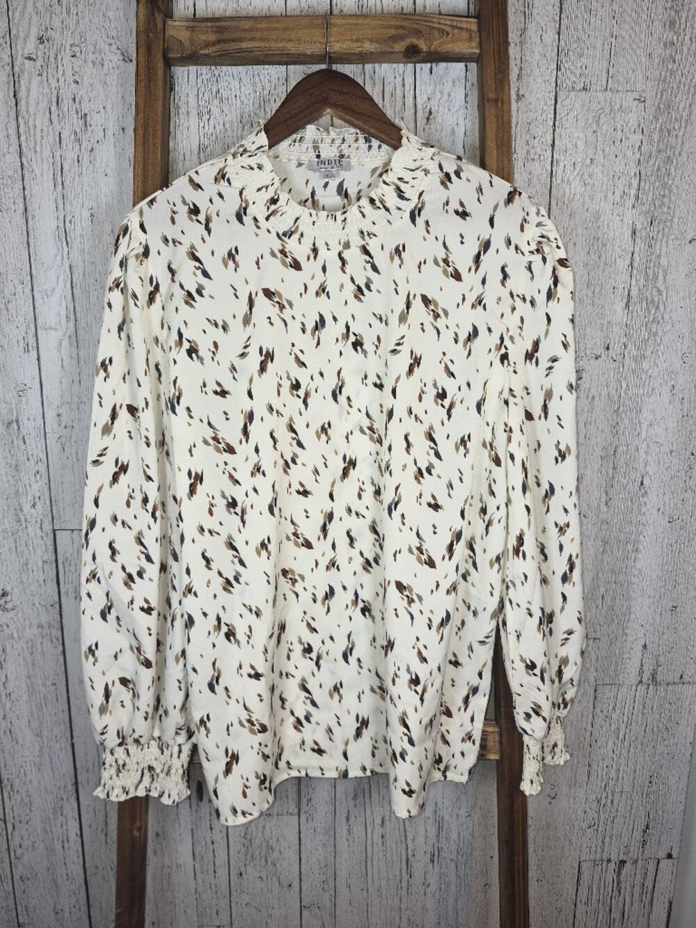 Indie & Co Women's Sz L Pullover, High Smocked Neckline, Long Sleeve Blouse